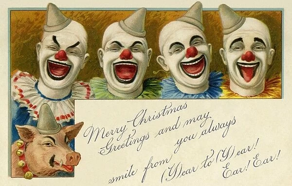 Clowns featured on a Christmas greeting card published by Raphael Tuck. Date: circa 1902