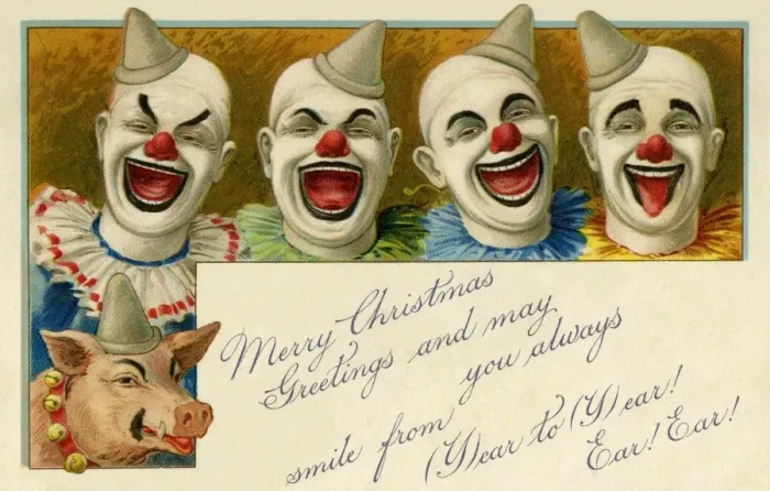 Framed Print : Clowns featured on a Christmas greeting card published by Raphael Tuck. Date: circa 1902 Framed Print : Clowns featured on a Christmas greeting card published by Raphael Tuck. Date: circa 1902
