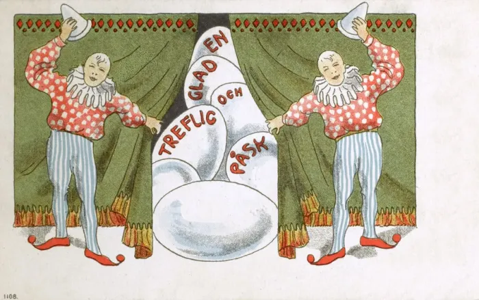 Framed Print : Two clowns and a cascade of Easter Eggs Framed Print : Two clowns and a cascade of Easter Eggs