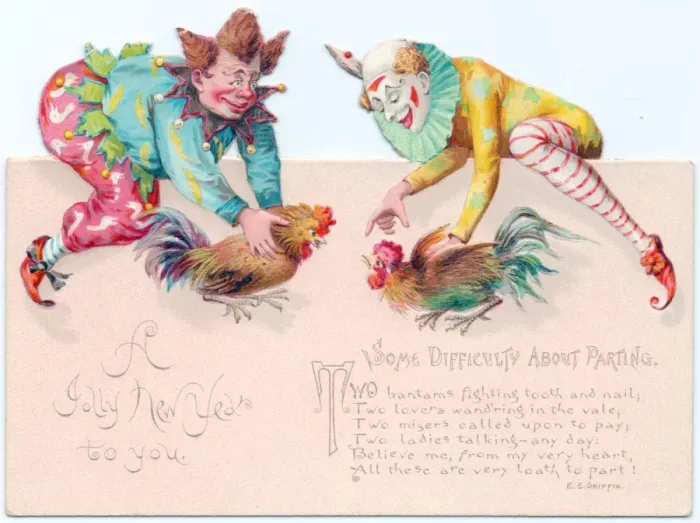 Framed Print : Two clowns with cockerels on a New Year card Framed Print : Two clowns with cockerels on a New Year card