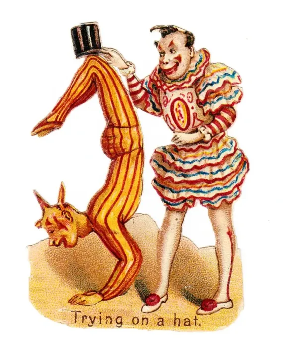 Framed Print : Two clowns with hat on a Victorian scrap Framed Print : Two clowns with hat on a Victorian scrap