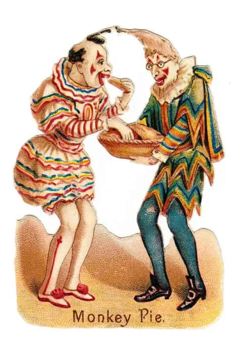 Framed Print : Two clowns with pie on a Victorian scrap Framed Print : Two clowns with pie on a Victorian scrap