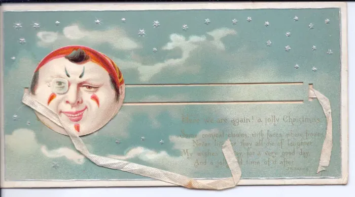 Framed Print : Clowns smiling face on a movable Christmas card Framed Print : Clowns smiling face on a movable Christmas card