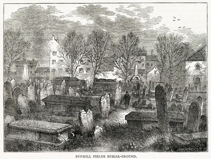 Framed Print : Cluttered rows of tombstones at Bunhill Fields burial- ground, London Framed Print : Cluttered rows of tombstones at Bunhill Fields burial- ground, London