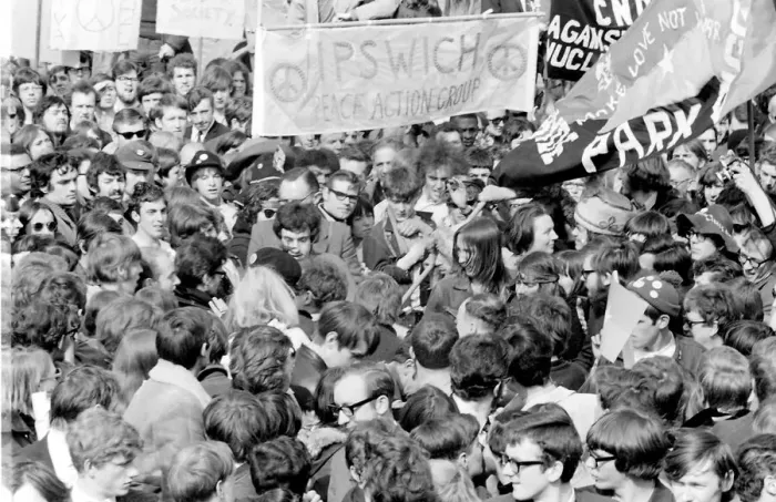 Framed Print : CND demonstration in London -- a crowd of people with banners. Date: late 1960s Framed Print : CND demonstration in London -- a crowd of people with banners. Date: late 1960s