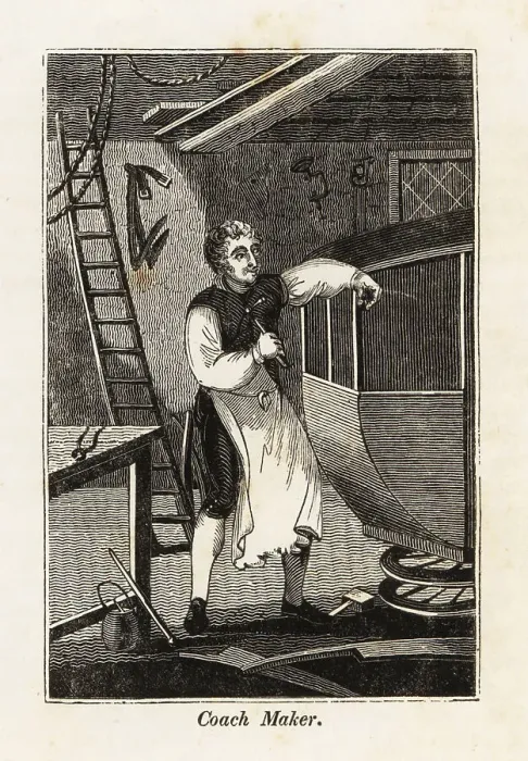 Framed Print : Coach maker working on a carriage in a workshop Framed Print : Coach maker working on a carriage in a workshop