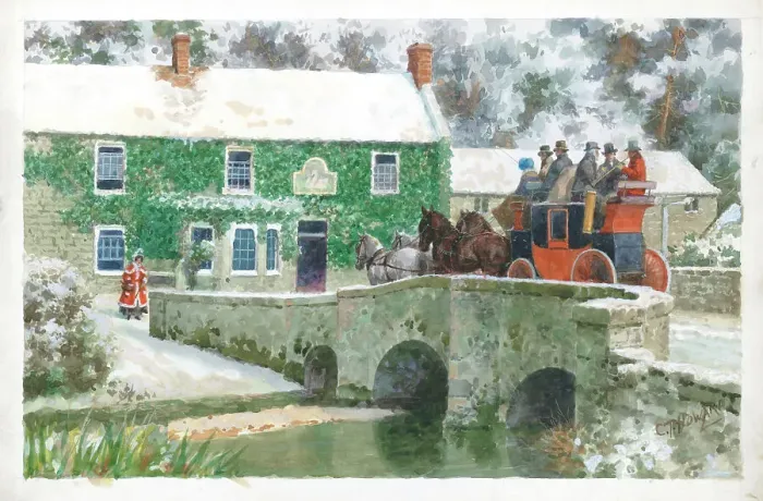 Framed Print : Coaching scene at The White Swan Bibury winter Framed Print : Coaching scene at The White Swan Bibury winter