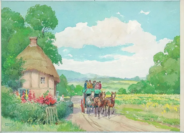 Framed Print : Coaching / summer with cottage Framed Print : Coaching / summer with cottage
