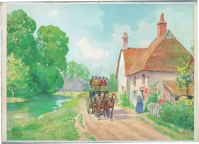 Framed Print : Coaching / summer with river and cottage Framed Print : Coaching / summer with river and cottage