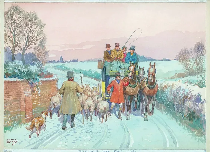 Framed Print : Coaching / winter, shepherd and sheep Framed Print : Coaching / winter, shepherd and sheep