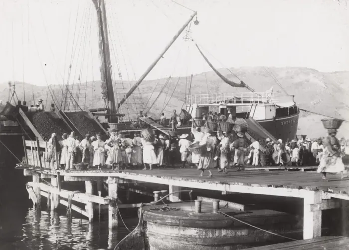Framed Print : Coaling a steam ship at St Thomas Framed Print : Coaling a steam ship at St Thomas