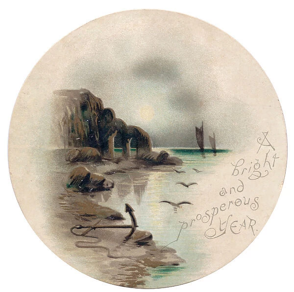 Coastal scene on a circular New Year card