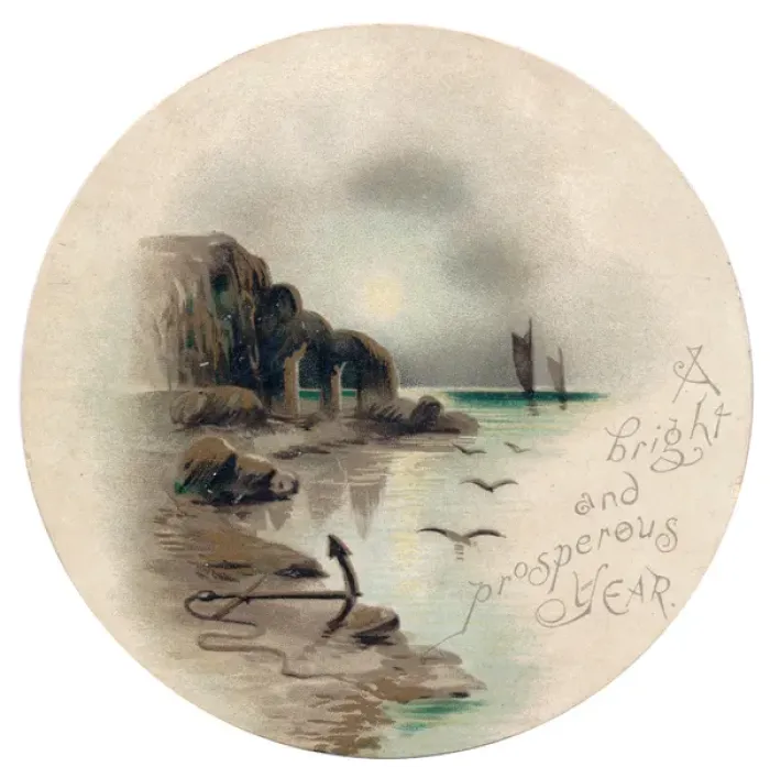 Framed Print : Coastal scene on a circular New Year card Framed Print : Coastal scene on a circular New Year card