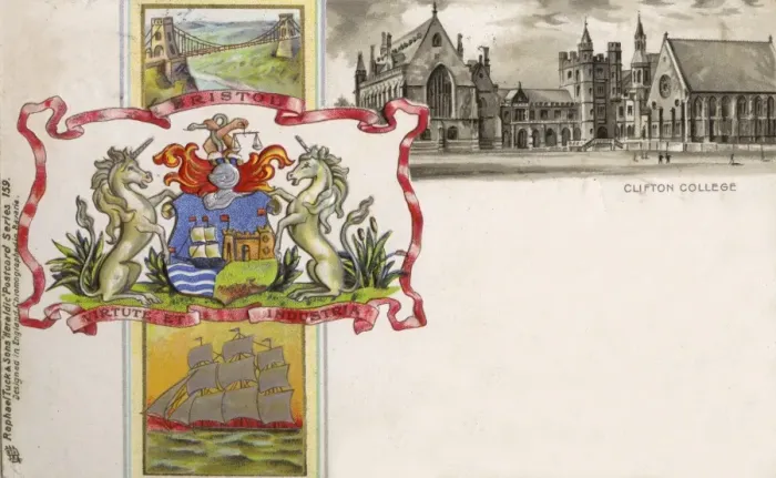 Framed Print : The Coat of Arms of Bristol and view of Clifton College Framed Print : The Coat of Arms of Bristol and view of Clifton College
