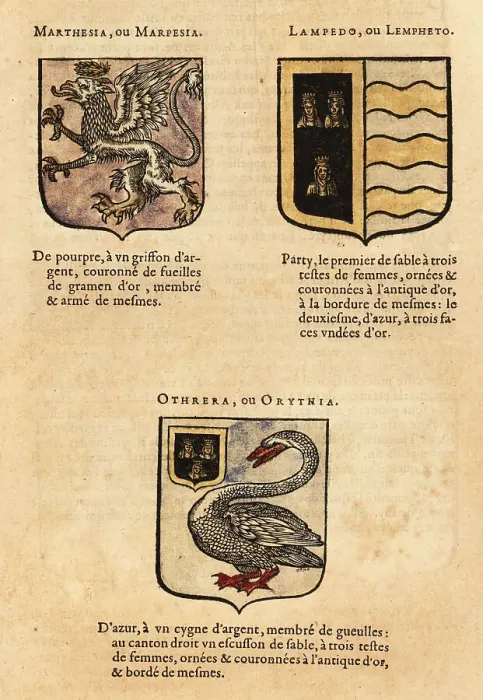 Framed Print : Coats of arms of Queens of the Amazons, Marpesia, Lampetho and O Framed Print : Coats of arms of Queens of the Amazons, Marpesia, Lampetho and O