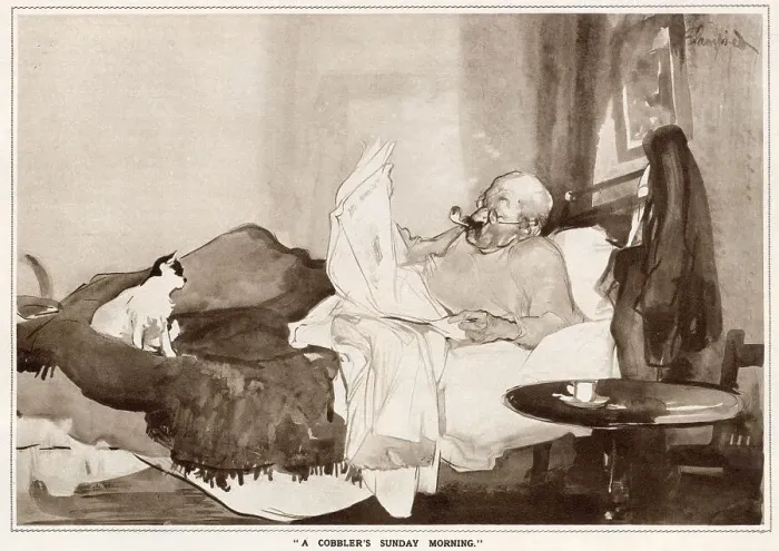 Framed Print : A cobbler lies in bed, smoking a pipe and reading a newspaper. Date: 1933 Framed Print : A cobbler lies in bed, smoking a pipe and reading a newspaper. Date: 1933
