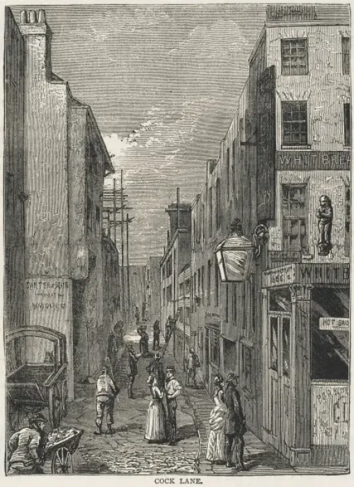 Framed Print : COCK LANE. The street was made famous in the 18th century by a sensational Framed Print : COCK LANE. The street was made famous in the 18th century by a sensational