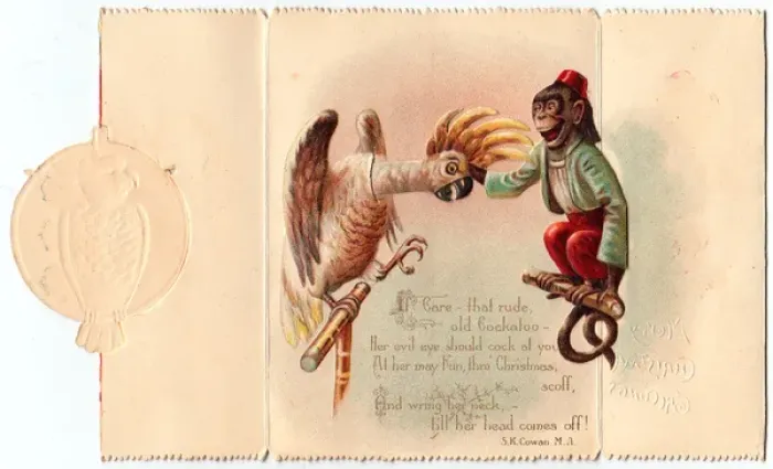 Framed Print : Cockatoo and monkey on a Christmas card