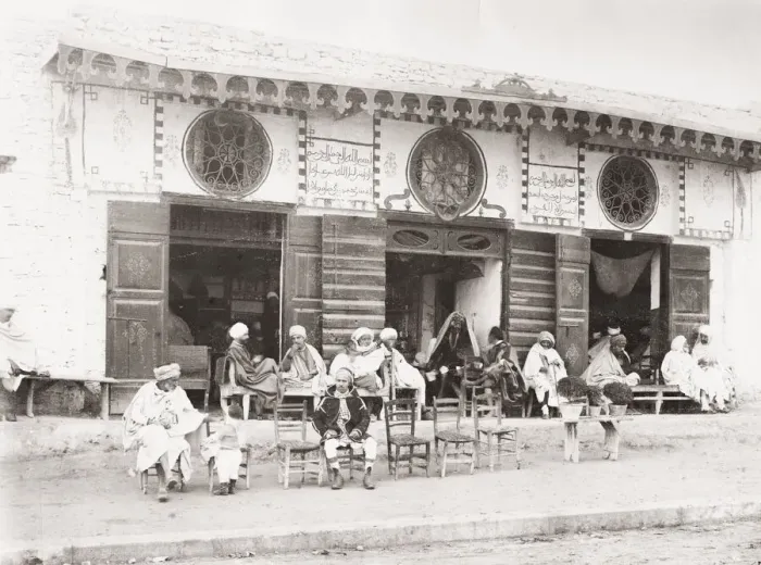 Framed Print : Coffee house, men outside, Tunis, Tunisia Framed Print : Coffee house, men outside, Tunis, Tunisia