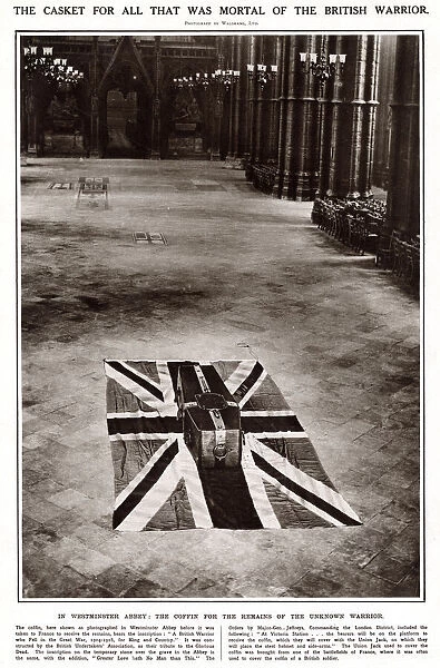 The coffin for the remains of the Unknown Warrior in Westminster Abbey before it was