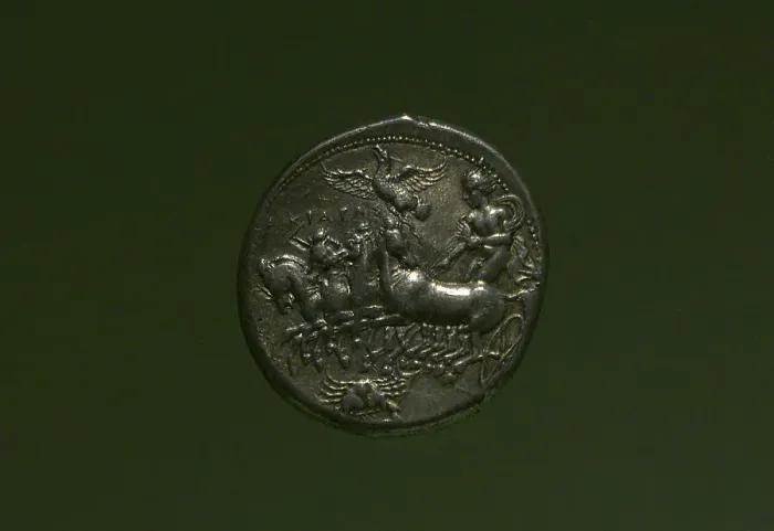 Framed Print : Coin with depiction of a quadriga driven by a charioteer Framed Print : Coin with depiction of a quadriga driven by a charioteer