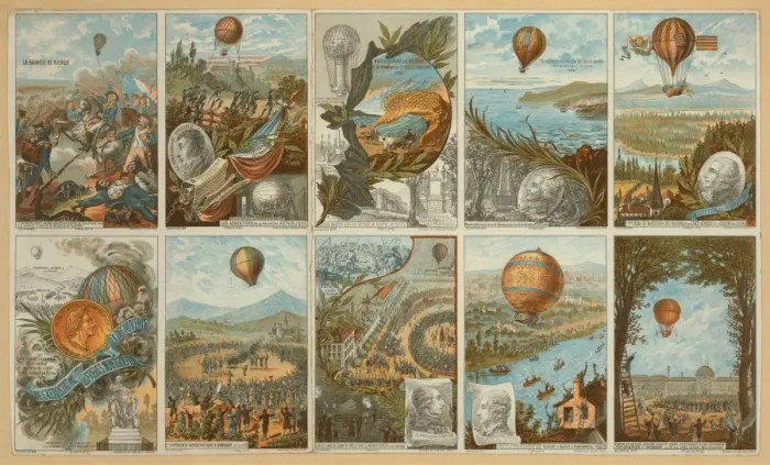 Framed Print : Collecting cards with pictures of events in ballooning histo Framed Print : Collecting cards with pictures of events in ballooning histo