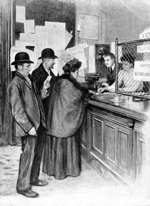 Framed Print : Collecting the first pension cheque at the post office Framed Print : Collecting the first pension cheque at the post office