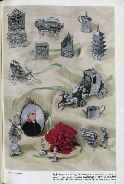Framed Print : A collection of English, Dutch and oriental silver miniatures. Date: 1954 Framed Print : A collection of English, Dutch and oriental silver miniatures. Date: 1954