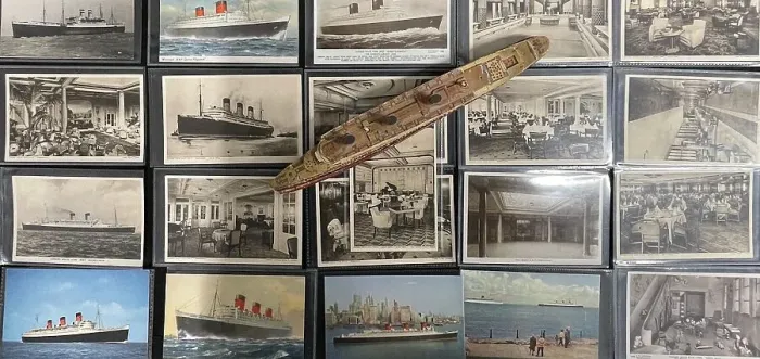 Framed Print : Collection of ocean liner postcards, and Queen Mary model Framed Print : Collection of ocean liner postcards, and Queen Mary model
