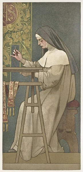 Collectors card, nun working on a tapestry