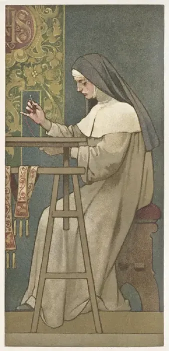 Framed Print : Collectors card, nun working on a tapestry Framed Print : Collectors card, nun working on a tapestry