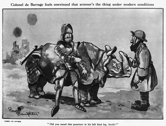 Framed Print : Colonel de Barrage and his armour, Bairnsfather cartoon, WW1 Framed Print : Colonel de Barrage and his armour, Bairnsfather cartoon, WW1