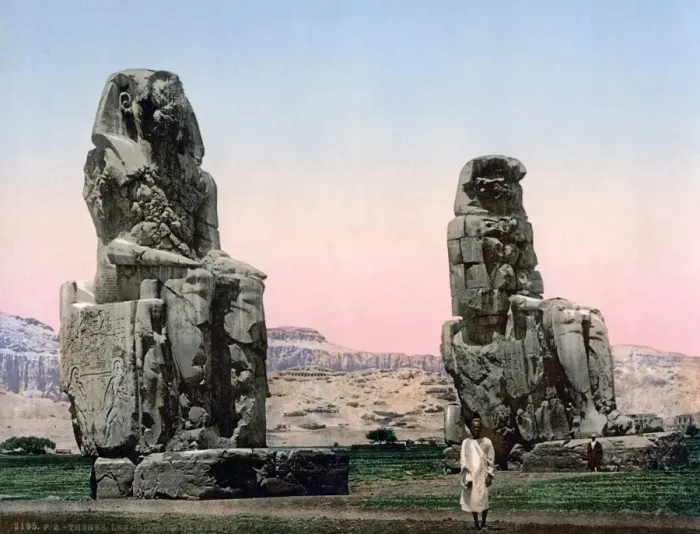 Framed Print : The Colossi of Memnon, Egypt, circa 1890s Framed Print : The Colossi of Memnon, Egypt, circa 1890s