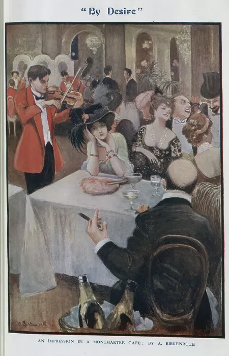 Framed Print : Colour illustration of bored young woman at table with others and violinist. Captioned By Desire, an impression in a Montmartre cafe by A Birkenruth. Adolph Birkenruth (1861-1940), British painter and illustrator of German origin