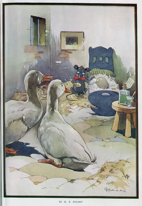 Framed Print : Colour illustration by G E Studdy, captioned The Doctor'. Showing scene in barn, with rodent doctor listening to egg in cot, whilst anxious geese parents look Framed Print : Colour illustration by G E Studdy, captioned The Doctor'. Showing scene in barn, with rodent doctor listening to egg in cot, whilst anxious geese parents look