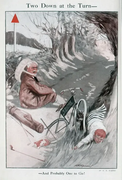 Framed Print : Colour illustration of golfer in tweeds, in an accident with butcher's boy on bike, P Bodge, Family Butcher. Outdoor scene in country lane by H H Harris. Captioned, Two Down at the Turn, And probably One to Go!'. Date: 1925 Framed Print : Colour illustration of golfer in tweeds, in an accident with butcher's boy on bike, P Bodge, Family Butcher. Outdoor scene in country lane by H H Harris. Captioned, Two Down at the Turn, And probably One to Go!'. Date: 1925