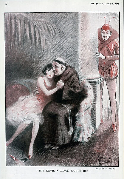 Colour illustration of a monk seducing a woman on a couch, with a red devil in the background, at a fancy dress party. Captioned, The Devil a Monk would be'. By Fred W Purvis, illustrator. Date: 1925
