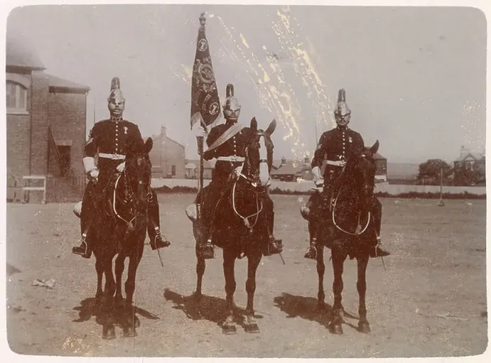 Framed Print : Three Colour Sergeants, 1st Royal Dragoons, on horseback, with regimental guidon showing Peninsular and Balaclava battle honours. Date: 1900s Framed Print : Three Colour Sergeants, 1st Royal Dragoons, on horseback, with regimental guidon showing Peninsular and Balaclava battle honours. Date: 1900s