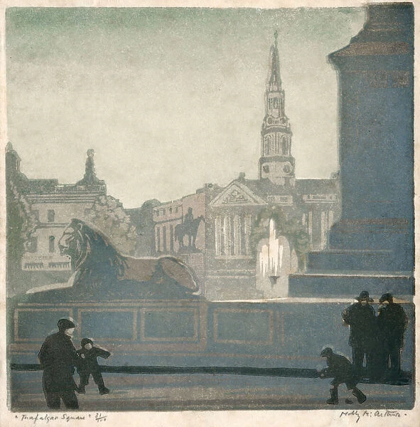 Colour Woodcut print of Trafalgar Square, London