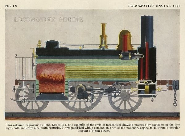 Coloured engaving of a locomotive engine by John Emslie