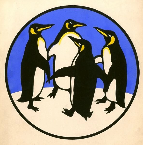 Coloured silhouette of four penguins dancing