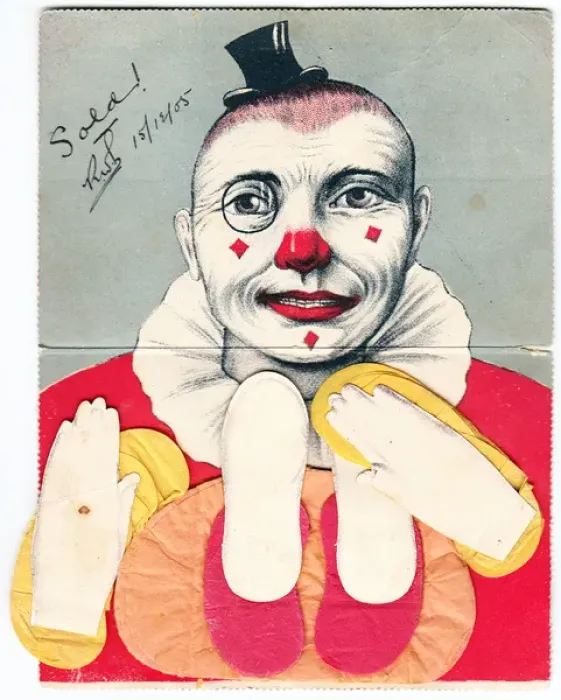 Framed Print : Colourful clown on a novelty postcard Framed Print : Colourful clown on a novelty postcard