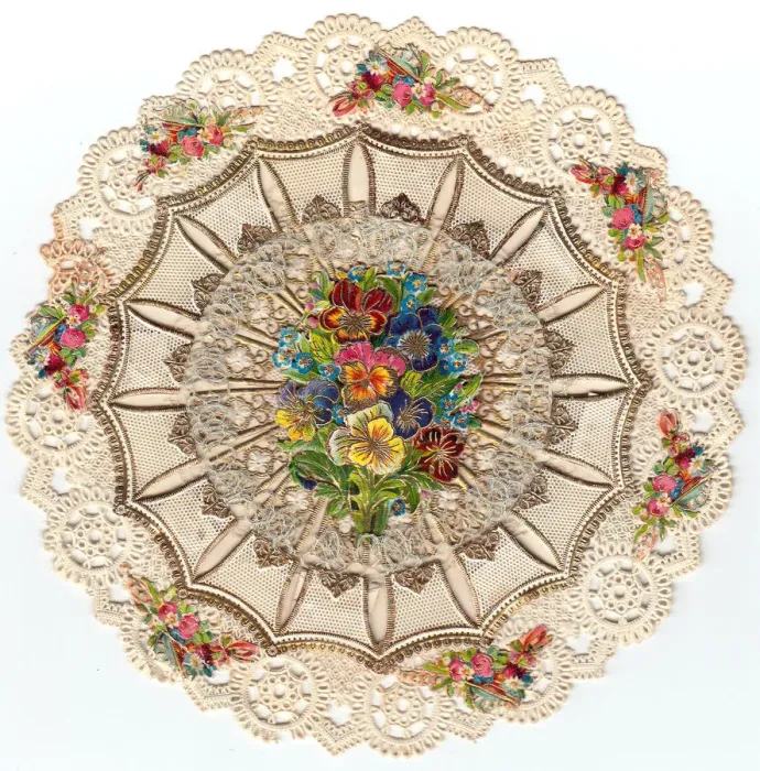 Framed Print : Colourful flowers on a circular lacy greetings card Framed Print : Colourful flowers on a circular lacy greetings card