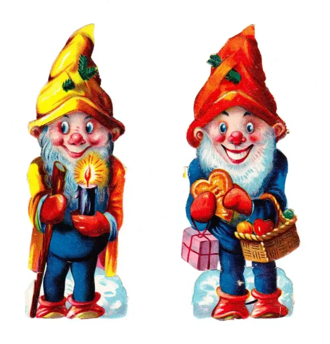 Framed Print : Colourful gnomes on two Victorian Christmas scraps Framed Print : Colourful gnomes on two Victorian Christmas scraps