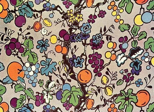 Colourful pattern with oranges, lemons, grapes and flowers