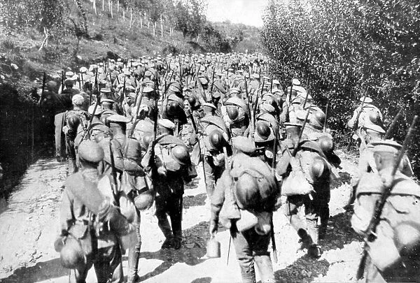 Column of Russian soldiers marching to the Balkan front