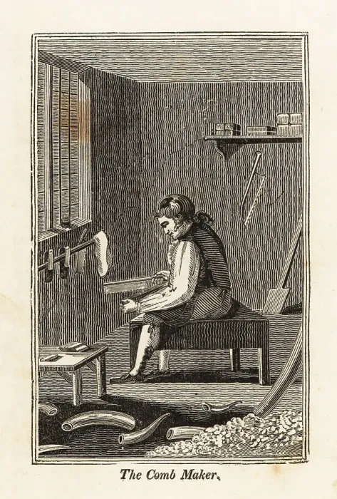 Framed Print : Comb maker sawing teeth into a comb in a workshop Framed Print : Comb maker sawing teeth into a comb in a workshop