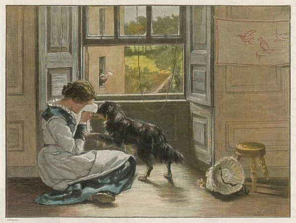 Comforted by Dog. A weeping girl attracts the sympathy of her dog