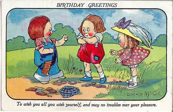 Comic birthday postcard, Two boys about to fight as girl watches Date: 20th century
