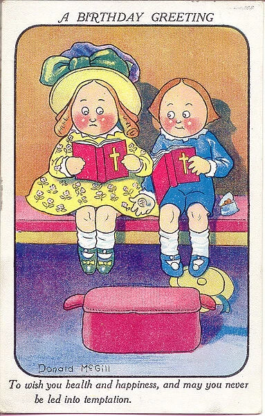 Comic birthday postcard, Two children in church